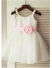 Thin Straps Ivory Sequin Tulle Knee Length Flower Girl Dress With Pink Flower Sash